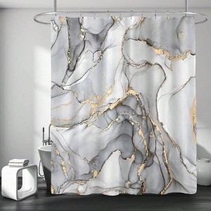 Modern Grey Marble Shower Curtain, 72x72, Luxury Art Decor with Silver Gold Ink Texture - 1 of 4
