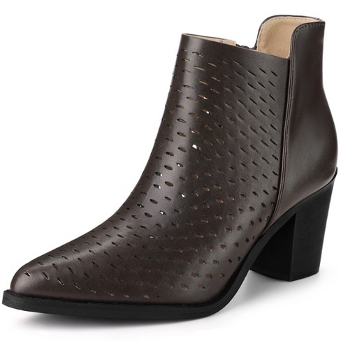 Allegra K Women s Perforated Chunky Heels Zipper Western Ankle