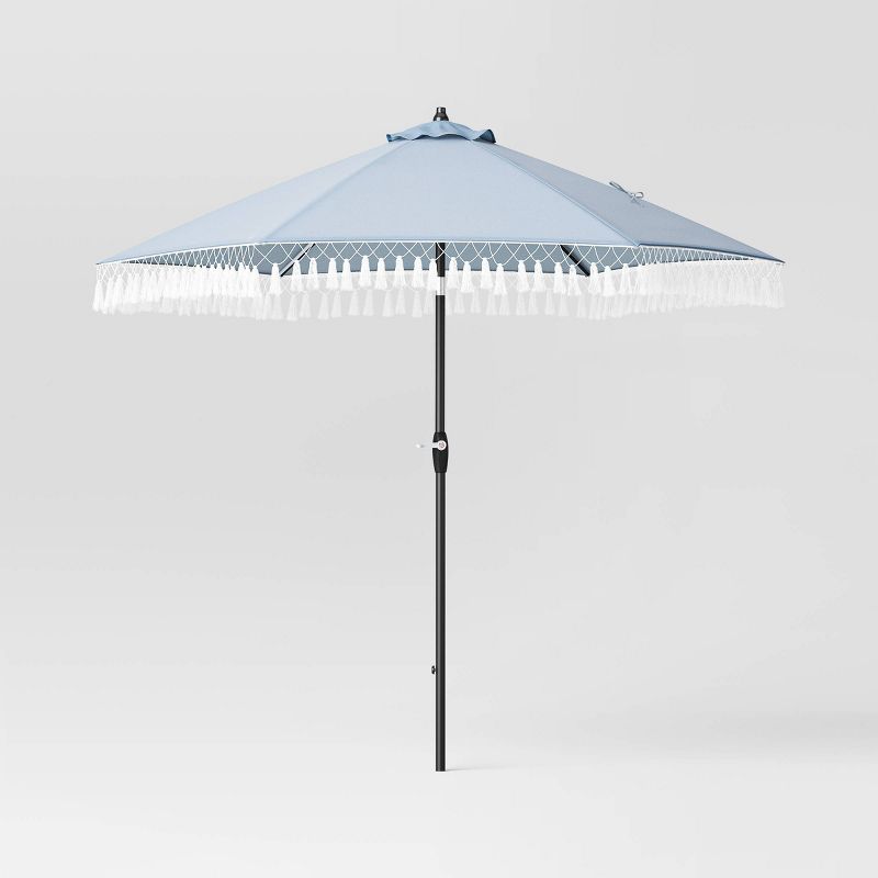 7.5&#39;x7.5&#39; Fringe Patio Market Umbrella Chambray - Black Pole - Threshold&#8482;, 1 of 8