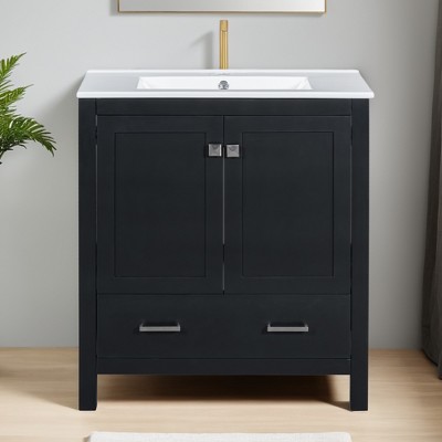 30" Bathroom Vanity with Single Sink, Bathroom Storage Cabinet with 2 Doors and a Drawer, Soft Closing - Leovsnove