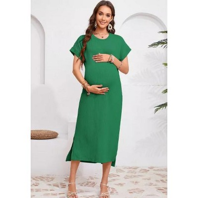 Women's Maternity Summer Dress Short Sleeve Crew Neck Pregnancy Clothe Fine Ribbed Baby Shower Dress