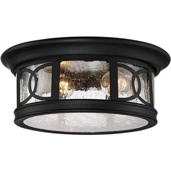 John Timberland Flush Mount Outdoor Ceiling Light Fixture Black 12" Seedy Glass for Exterior House Porch