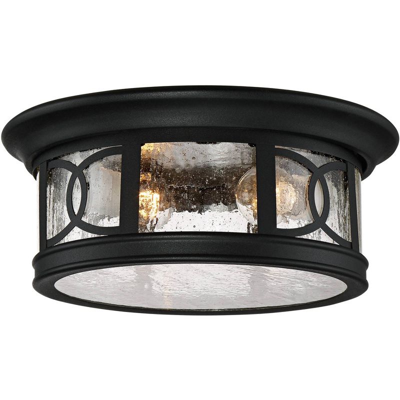 John Timberland Flush Mount Outdoor Ceiling Light Fixture Black 12" Seedy Glass for Exterior House Porch, 1 of 9