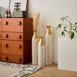 Gilded White Metal Vase Trio Set, 3D Floral Relief Cylinder Vases, Mother's Day Gift Home Décor Centerpiece - 1 of 4