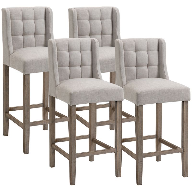 HOMCOM Modern Bar Stools, Tufted Upholstered Barstools, Pub Chairs with Back, Rubber Wood Legs for Kitchen, Dinning Room, Set of 4, Beige, 1 of 7