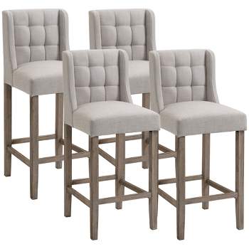 HOMCOM Modern Bar Stools, Tufted Upholstered Barstools, Pub Chairs with Back, Rubber Wood Legs for Kitchen, Dinning Room, Set of 4, Beige