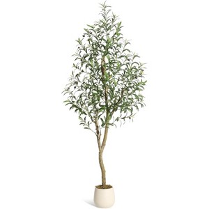 Olive Trees Artificial Indoor,Faux Silk Plant - Fake Potted Tree with White Planter with Natural Wood Trunk and Lifelike Fruits for Home Office Decor - 1 of 4