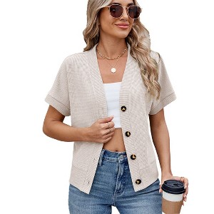 Clearlove Womens Summer Tops Waffle Front Knit Button Down Shirts Short Sleeve Casual Shacket Jacket Dressy Blouses - 1 of 4