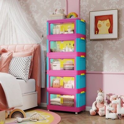 TIRAMISUBEST 20" Wide Folding Storage Cabinet with Magnetic Door & Wheels,5-Tier Collapsible Plastic Organizer