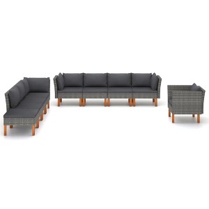 vidaXL Outdoor Patio Lounge Set of 9 - PE Rattan, Powder-Coated Steel and Eucalyptus Wood, with Removable Cushions - Gray/Anthracite - 1 of 4