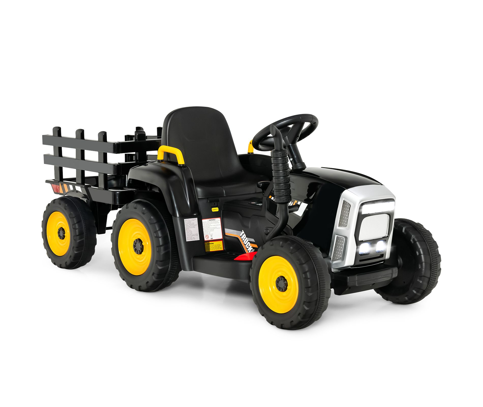 Costway 12V Kids Ride On Tractor with Trailer Ground Loader w/ RC & Lights Dark Black