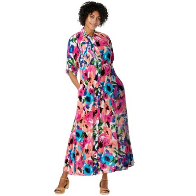Woman Within Women's Plus Size Petite Roll-Tab Sleeve Crinkle Shirtdress