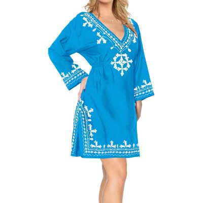 LA LEELA Women's Loose Mini Swimwear Dress Vacation Beachwear Swim Suit Short Summer Bathing Suit Cover Ups 8-12 Blue, Solid