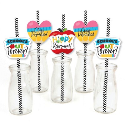 Big Dot of Happiness Teacher Retirement - Paper Straw Decor - Happy Retirement Party Striped Decorative Straws - Set of 24