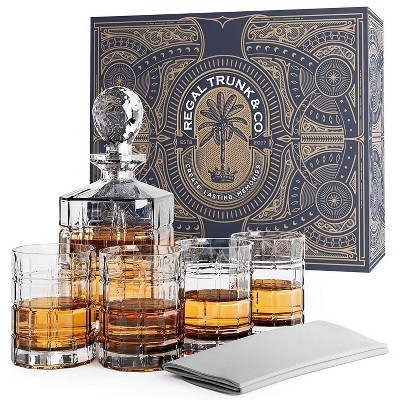 Regal Trunk Crystal Whiskey Decanter Set with Square Engraved Tumblers