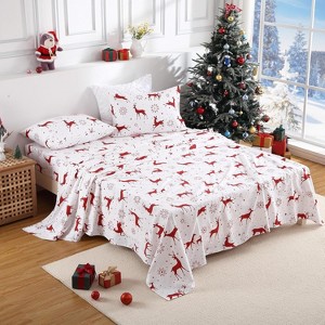 GustoWave Flannel Christmas Soft Red Reindeer Bed Sheets Set with 16 Inches Deep Pocket - 1 of 4