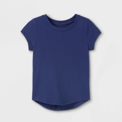 Image of Toddler Girls' Solid Knit Short Sleeve T-Shirt - Cat & Jack™ Navy Blue 18M: Crewneck, Comfy Cotton Blend, Below Hip Length