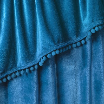 Teal Blue Twin Fleece Pom Pom Fringe Blanket
