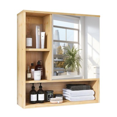 Artloge 3 Tier Natural Bamboo Mirrored Cabinet Wall Mounted Storage Cabinet Adjustable Shelves for Medicine Shaving Makeup
