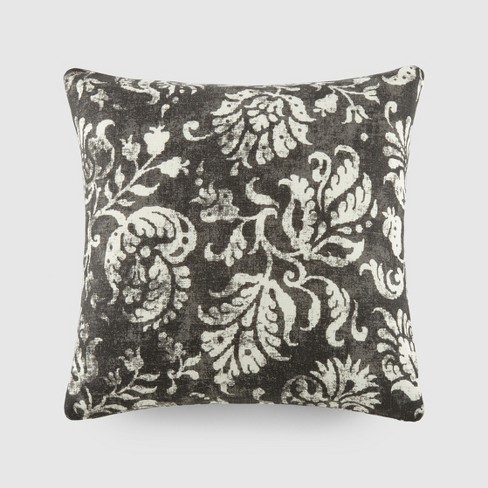 Distressed Floral Pattern Gray Cotton Throw Pillow Cover With