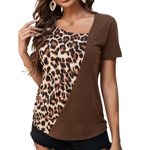 Anna-Kaci Women's Short Sleeve Leopard Print Contrast Panel Pullover Top with Scoop Neck - 1 of 4