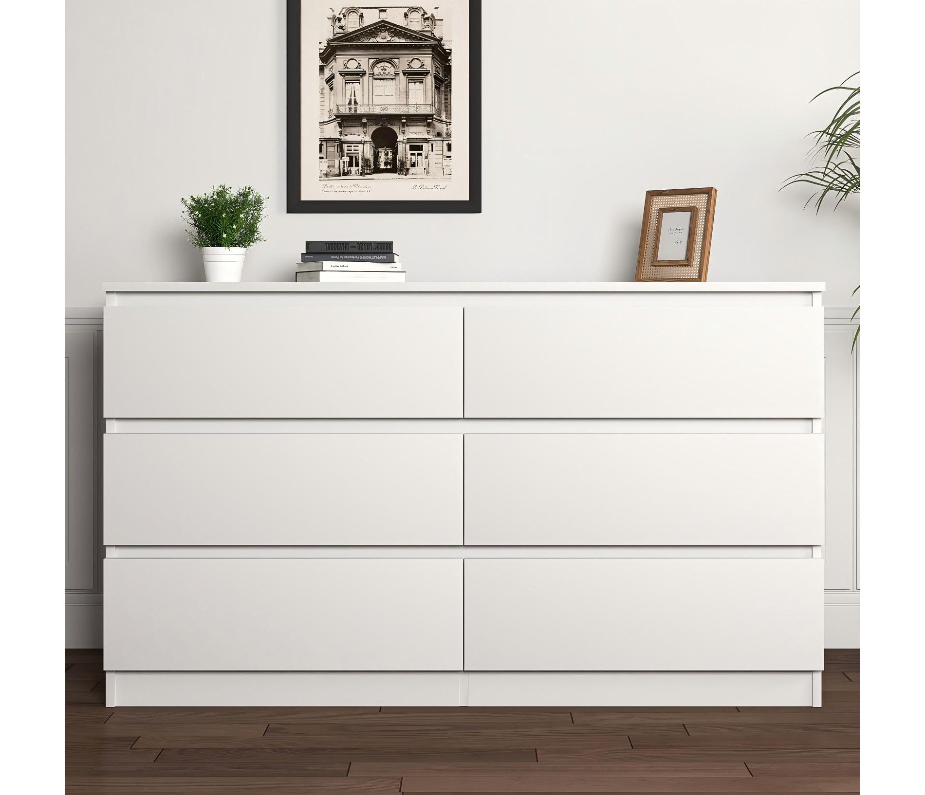 Resenkos 6 Drawer Wide Chest of Drawers, Storage Drawer Organizer, Traditional Bedroom Dresser, Sideboard Buffet for Living Room, White