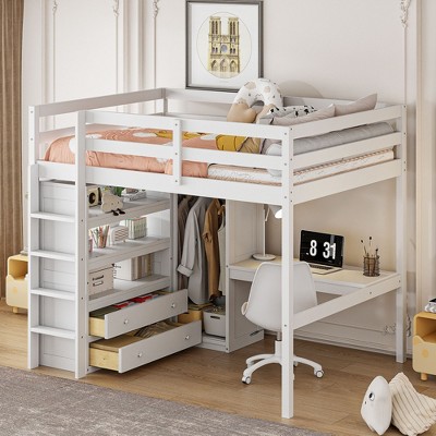 NicBex Full Size Bunk Bed with Desk Loft Bed Wooden Bed Frame with Wardrobe, Shelves, 2 Drawers, Ladder and Guardrail, No Box Spring Required, White