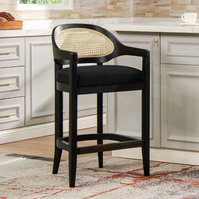 PAGED 43.5" High Bar Stools Set of 2 Modern Upholstered Counter Stools with Rattan Back and Wooden Legs for Dining Room