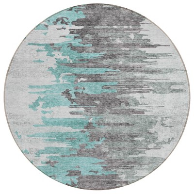 Teal Blue Charcoal And Silver Abstract Washable Indoor Outdoor Area Rug