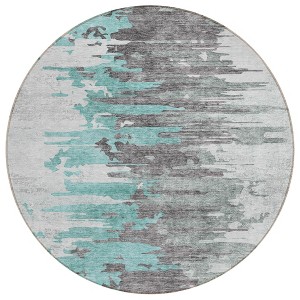 Teal Blue Charcoal And Silver Abstract Washable Indoor Outdoor Area Rug - 1 of 4