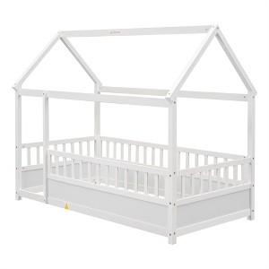 COWLOWN Twin Size House Frame Floor Bed with Roof & Fence Guardrails, Wooden Children's Bed for Play & Sleep - 1 of 4