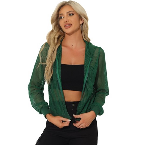 Allegra K Women's Zip Up Long Sleeve Mesh Sheer Hoodie Bomber Jackets Dark  Green X-Large