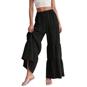 YESFASHION Women Elastic High Waist Tiered Ruffle Wide Leg ants