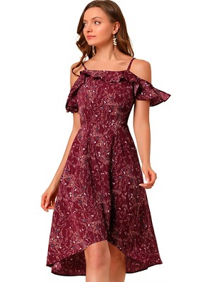 Allegra K Women's Spaghetti Straps Ruffled Sleeves Asymmetrical High Low Floral Midi Sundresses