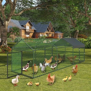 Metal Chicken Coop with Waterproof Anti-UV Cover, 3-Door Walk-In Poultry Run for Hens Ducks Rabbits Geese - 1 of 4