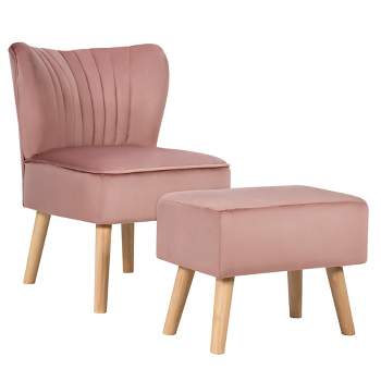 Costway Leisure Chair and Ottoman Thick Padded Velvet Tufted Sofa Set w/ Wood Legs Pink\Blue\ Green
