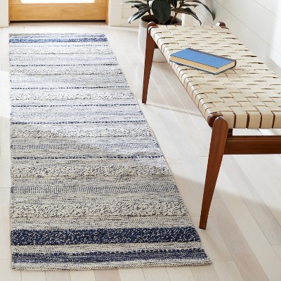 Ivory and Navy Striped Kilim Wool-Cotton Rug 2'-3" x 9'
