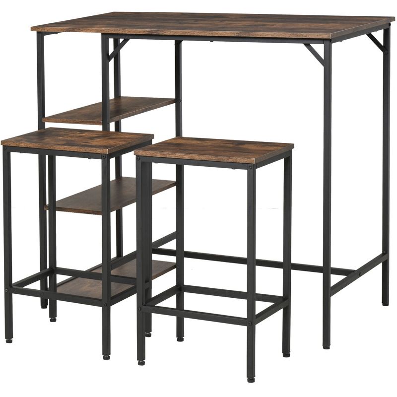HOMCOM Industrial 3 Piece Dining Table Set, Counter Height Bar Table and Chairs Set, Kitchen Bistro Table Set with Storage Shelf and Stools, Brown, 5 of 10