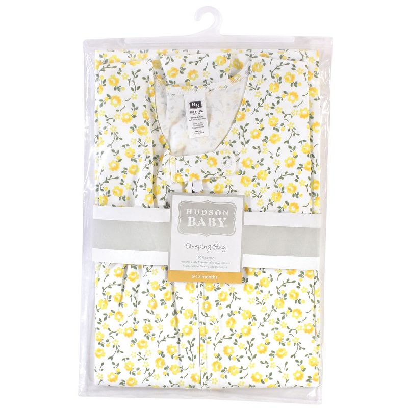 Hudson Baby Infant Girl Cotton Sleeveless Wearable Sleeping Bag, Sack, Blanket, Yellow Flower, 3 of 4