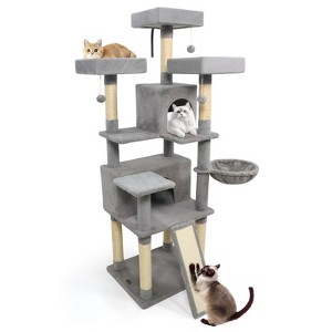 Costway 65” Tall Multi-level Cat Tree with 3 Upholstered Top Perch 2 Cat Condos Cat Basket Beige/Light Gray/Dark Gray/Pink - 1 of 4