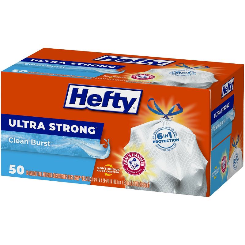 Hefty Ultra Strong Tall Kitchen Drawstring Trash Bags - Clean Burst Scent - 13 Gallon - 50ct, 4 of 9