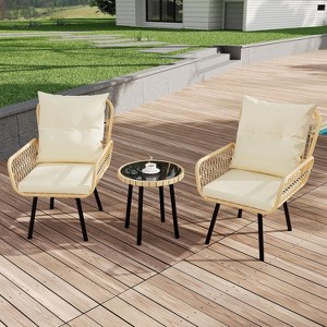 3-Piece Boho Outdoor Patio Furniture Set with Table, All-Weather Wicker Rattan Sectional Sofa with Cushions, Metal Frame - 1 of 4