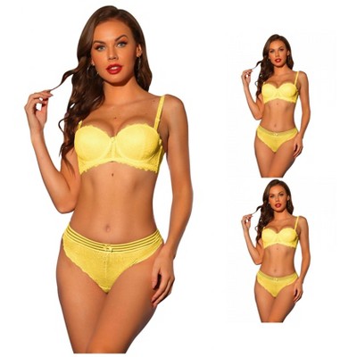 INSPIRE CHIC Women's Lace Balconette Underwire Bras Padded Bras and Panty Set 3 Packs