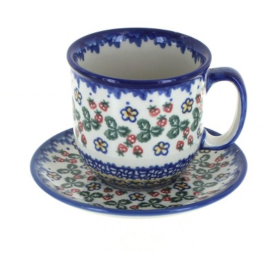 Blue Rose Polish Pottery Strawberry Garden Coffee Cup & Saucer