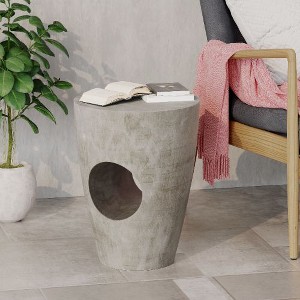 CAVINAS Round Top Patio End Table, Drum Shape Outdoor End Tables with Sculptural Hollow Design, Outdoor Lightweight Concrete Side Table - 1 of 4