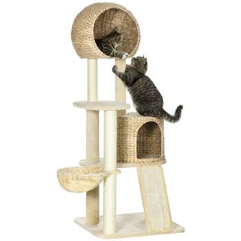 PawHut 59 Inch Cat Tree for Indoor Cats, Cat Tower with Cat Condo, Hammock, Perches, Scratching Posts, Ramp for Large Cats, Beige