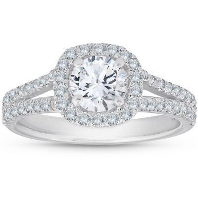 Pompeii3 1Ct Diamond Cushion Halo Moissanite Split Shank Engagement Ring 10k White Gold