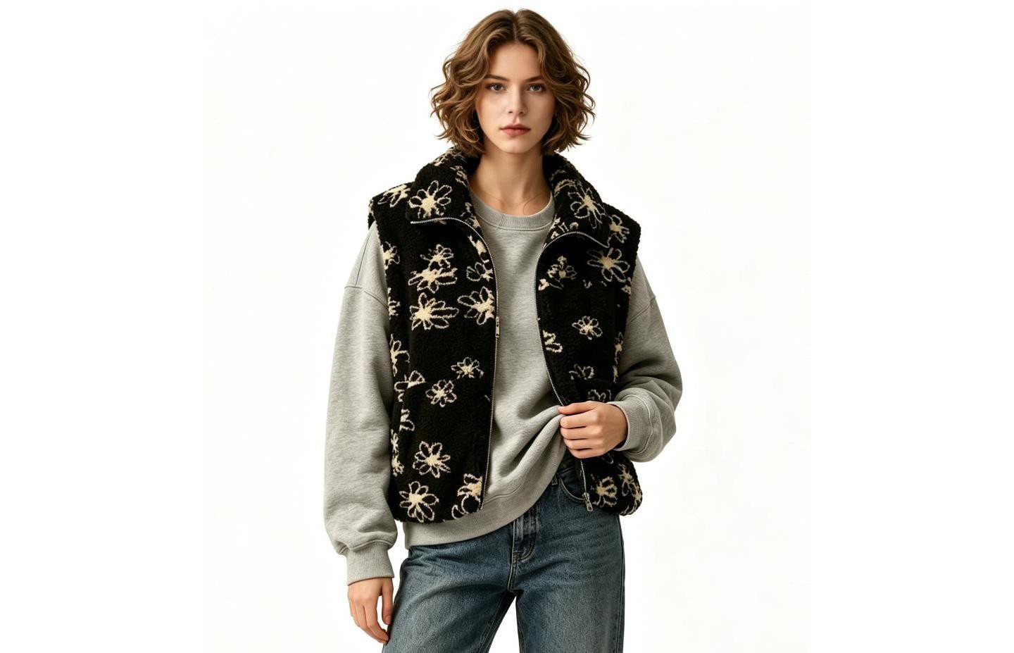 Женский жилет YesFashion Fleece Floral Vest Casual Sleeveless Full Length Zip Up Sleeveless Collared Fashion Winter Outerwear with Pockets M Black, цвет: С принтом — фото 1