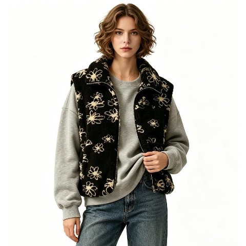 Женский жилет YesFashion Fleece Floral Vest Casual Sleeveless Full Length Zip Up Sleeveless Collared Fashion Winter Outerwear with Pockets M Black, цвет: С принтом