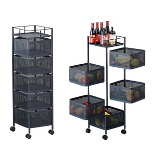 5-Tier Metal Mesh Rolling Storage Cart with Top Lid – Rotating Kitchen Organizer with 360° Lockable Casters, Black - 1 of 4